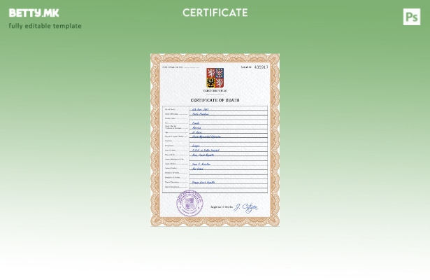 Модерен стил шаблон за ПСД од потврда за смрт во Чешка